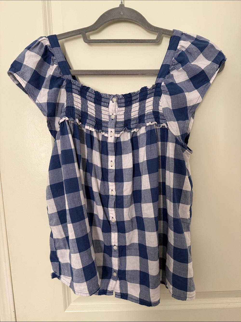 Old Navy Blue and White Gingham Smocked Button-Front Top
